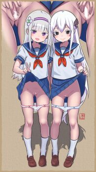 2girls :d absurdres bar_censor black_eyes black_skirt blue_sailor_collar blue_skirt bow bow_panties brown_shoes censored cleft_of_venus closed_mouth clothes_lift echidna_(re:zero) elementary_(lolipope) emilia_(re:zero) gluteal_fold hair_ornament hairband highres loli long_hair looking_at_viewer miniskirt multiple_girls multiple_views neckerchief open_mouth panties panty_pull pleated_skirt purple_eyes purple_hairband pussy re:zero_kara_hajimeru_isekai_seikatsu red_neckerchief sailor_collar sailor_shirt school_uniform serafuku shirt shoes short_sleeves skirt skirt_lift smile socks spread_pussy spreading_own_pussy standing underwear v very_long_hair white_hair white_panties white_socks