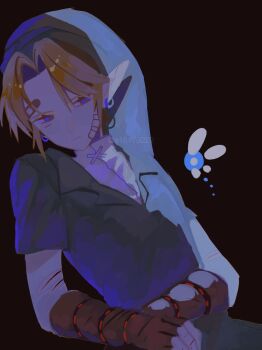 Rule 34 | 1boy, a15179222, bandaid, bandaid on face, bandaid on forehead, blonde hair, blue eyes, brown gloves, commentary request, earrings, fairy, fingerless gloves, gloves, green hat, green tunic, hat, highres, jewelry, link, male focus, navi, nintendo, parted bangs, phrygian cap, pointy ears, shirt, short hair, the legend of zelda, the legend of zelda: ocarina of time, tunic, twitter username, upper body, white shirt