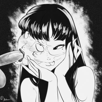 1boy 1girl :&gt;= aobacarry black_eyes black_hair body_horror closed_mouth completely_nude erection fellatio greyscale hands_on_own_cheeks hands_on_own_face hetero horror_(theme) kawakami_tomie licking_lips lips long_hair looking_at_penis mole mole_under_eye monochrome nude oral penis rolling_eyes saliva signature smile solo_focus testicles tomie tongue tongue_out upper_body veins veiny_penis what