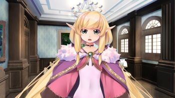 1girl atelier-moo blonde_hair ceiling choker cloak cropped_jacket day door elf fur-trimmed_cloak fur_trim game_cg green_eyes highres indoors jacket leotard long_hair long_pointy_ears long_sleeves looking_at_viewer low-tied_sidelocks low_twintails narrow_waist non-web_source open_mouth our_battle_has_just_begun! painting_(object) pink_jacket pointy_ears purple_choker purple_cloak sidelocks solo standing straight-on synsya twintails upper_body v-shaped_eyebrows very_long_hair white_leotard wide_sleeves window wooden_floor