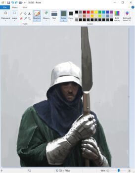 Rule 34 | 1boy, art program in frame, christian young, commentary, facing viewer, gauntlets, helmet, holding, holding sword, holding weapon, male focus, medieval, microsoft paint (medium), microsoft paint (software), original, scarf, screencap, serious, solo, sword, symbol-only commentary, upper body, weapon