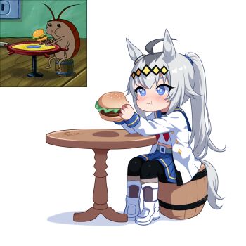 1girl ahoge animal_ears black_pantyhose blue_eyes blue_sailor_collar blue_skirt blush boots brooch bug burger chibi closed_mouth cockroach commentary ear_ornament eating english_commentary food grey_hair grey_tail hair_between_eyes hair_ornament hairband highres holding holding_burger holding_food horse_ears horse_girl horse_tail insect jacket jewelry long_hair long_sleeves multicolored_hair neckerchief oguri_cap_(starlight_beat)_(umamusume) oguri_cap_(umamusume) pantyhose pleated_skirt ponytail red_neckerchief reference_inset sailor_collar screenshot_inset shirt skirt smile spongebob_squarepants_(series) star_brooch su1zide tail umamusume white_boots white_jacket white_shirt