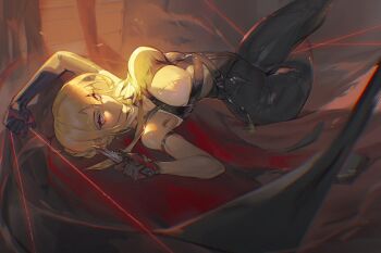 1girl asymmetrical_gloves bare_shoulders black_gloves black_pants blonde_hair breasts commentary elbow_gloves english_commentary evelyn_chevalier gloves highres holding holding_knife kardie knife large_breasts looking_at_viewer mole mole_under_eye pants purple_eyes short_hair sleeveless solo string zenless_zone_zero
