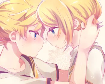 1boy 1girl :t angry annoyed aoi_choko_(aoichoco) arms_around_neck blonde_hair blue_eyes blush brother_and_sister collarbone face-to-face forehead-to-forehead hands_on_another&#039;s_head heads_together kagamine_len kagamine_rin looking_at_another nervous playing_with_another&#039;s_hair ponytail pout print_sailor_collar puffy_cheeks sad shirt short_hair short_ponytail siblings sweatdrop t-shirt tearing_up tears tucking_hair twins vocaloid
