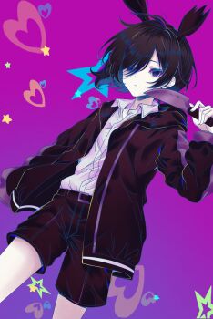 1boy absurdres animal_ears belt belt_buckle black_belt black_hair black_jacket black_shorts blue_eyes buckle closed_mouth commentary commentary_request cowboy_shot empty_eyes english_commentary expressionless hair_over_one_eye heart highres holding holding_knife indie_virtual_youtuber jacket knife kurimako long_sleeves looking_at_viewer male_focus mixed-language_commentary open_clothes open_jacket parted_bangs pink_background rabbit_ears shirt short_hair shorts solo virtual_youtuber white_shirt yozora_mako