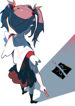 1girl ai-generated_art_(topic) ame-chan_(needy_girl_overdose) black_hair black_skirt black_socks blood boxcutter chromatic_aberration collar facing_away from_behind hair_tie highres hiro_(yoshi_chan) holding holding_boxcutter needy_girl_overdose red_shirt shadow shirt short_hair short_sleeves skirt socks solo standing twintails twitter twitter_x_logo white_background white_collar
