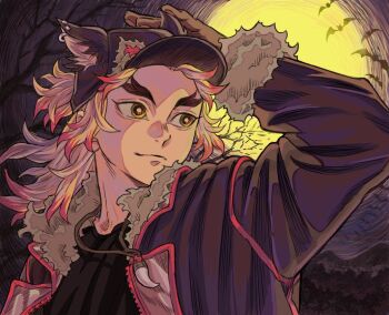 1boy alternate_costume animal_hat anjatvtho9mk5sb black_hat black_jacket blonde_hair bright_pupils brown_gloves closed_mouth fur-trimmed_jacket fur_trim gloves hat jacket kimetsu_no_yaiba long_hair male_focus multicolored_eyes multicolored_hair open_clothes open_jacket red_eyes red_hair rengoku_kyoujurou smile solo two-tone_eyes two-tone_hair upper_body white_pupils yellow_eyes