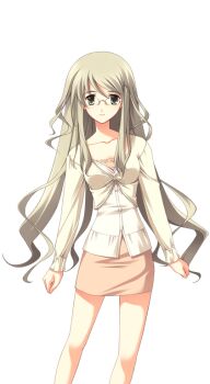 1girl bare_legs breasts brown_dress casual chaos;head clenched_hands collarbone curly_hair dress game_cg glasses green_eyes green_hair hair_ornament hairpin kusunoki_yua long_hair long_sidelocks long_sleeves looking_at_viewer matsuo_yukihiro non-web_source official_art round_eyewear science_adventure shirt short_dress sidelocks small_breasts smile sprite sundress transparent_background very_long_hair white_shirt