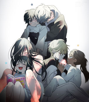 3boys 3girls aged_down alien_stage black_hair black_jacket blonde_hair book brown_hair commentary english_commentary fang fang_out hood hoodie hug hyuna_(alien_stage) ivan_(alien_stage) jacket knees_up long_hair luka_(alien_stage) mizi_(alien_stage) multiple_boys multiple_girls pants ponytail sazare_(sazozo0) shirt short_hair sitting sitting_on_lap sitting_on_person star_(symbol) sua_(alien_stage) till_(alien_stage) white_hoodie white_pants white_shirt