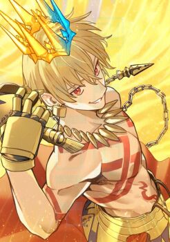 1boy aoten_(aoiroarekore) armor blonde_hair body_markings chain commentary crown earrings fate/grand_order fate_(series) from_above gauntlets gilgamesh_(fate) highres holding holding_weapon jewelry male_focus necklace open_mouth red_eyes short_hair smile solo symbol-only_commentary topless_male weapon