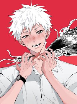 1boy blush body_horror buttons chinese_commentary collared_shirt commentary_request highres hikaru_ga_shinda_natsu indou_hikaru looking_at_viewer male_focus meiko623 pocket red_background red_pupils shirt short_eyebrows short_hair short_sleeves simple_background solo watch white_hair white_shirt wristwatch