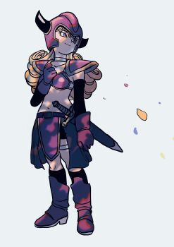 Rule 34 | 1girl, armor, belt, bike shorts, bikini armor, blonde hair, blue eyes, boots, choker, closed mouth, collarbone, curly hair, dragon quest, dragon quest vii, elbow gloves, fake horns, full body, gloves, helmet, highres, horned helmet, horns, long hair, matilda (dq7), navel, simple background, smile, solo, sword, warrior (dq3), weapon, white background