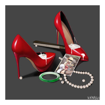 1girl artist_name bar_censor beads blonde_hair border bracelet breasts censored censored_identity cum cumdrip dress gem grey_background high_heels highres jewelry large_breasts long_hair necklace pearl_(gemstone) pearl_necklace photo_(object) pumps red_dress red_footwear ring shoes simple_background solo stiletto_heels thighhighs white_border xnnagu