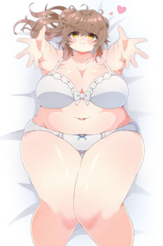 1girl arms_up bed belly blush bow bra breasts brown_hair cevio cleavage fat fat_woman from_above hair_bun heart highres konbu_latte konbulatte large_breasts lips lying medium_hair navel on_back panties plump reaching reaching_towards_viewer sasara_sato satou_sasara side_bun side_ponytail single_hair_bun smile solo thick_thighs thighs underwear white_background white_bow white_bra white_panties wide_hips yellow_eyes