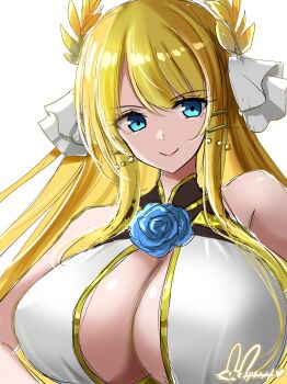 1girl absurdres azur_lane bare_shoulders blonde_hair blue_eyes blue_flower blue_rose breasts center_opening commentary_request flower gold_trim highres hisin huge_breasts laurel_crown long_hair rose simple_background sleeveless solo upper_body victorious_(azur_lane) white_background