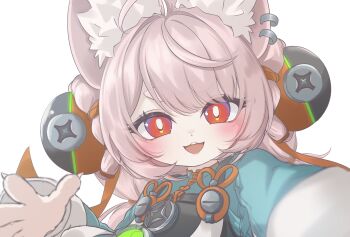 1girl absurdres ahoge animal_ear_fluff animal_ear_piercing animal_ears blush braid bright_pupils commentary_request furry furry_female hair_ornament highres long_hair looking_at_viewer open_mouth pink_fur pink_hair rabbit_ears rabbit_girl red_eyes shirt short_eyebrows solo thick_eyebrows twin_braids white_pupils zenless_zone_zero zhao_(zenless_zone_zero) zumi_otogiha