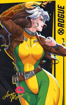 Rule 34 | 1girl, belt, black bridal gauntlets, bodysuit, breasts, bridal gauntlets, brown belt, brown hair, brown jacket, character name, character signature, commentary, cowboy shot, cropped jacket, earrings, floating hair, freckles, green bodysuit, green eyes, highres, hoop earrings, jacket, jewelry, jhony caballero, large breasts, linea alba, lipstick mark, long hair, looking to the side, marvel, marvel rivals, multicolored bodysuit, multicolored hair, parted lips, profile, red lips, ring, rogue (x-men), silver earrings, solo, studded choker, superhero costume, two-tone bodysuit, wedding ring, white hair, x-men, yellow bodysuit
