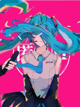 1boy 1girl aqua_hair aqua_necktie arufa_faru bare_shoulders black_skirt censored chromatic_aberration collared_shirt commentary_request convenient_censoring covered_eyes cowboy_shot detached_sleeves facing_viewer floating_hair hair_ornament hair_over_eyes hatsune_miku hatsune_miku_(vocaloid4) headphones holding holding_microphone censored_identity interview long_hair long_sleeves microphone nasu_(nasubi1192) necktie out_of_frame pink_background shirt skirt sleeveless sleeveless_shirt solo_focus song_name tokumei_m_(vocaloid) tokumei_radio twintails v_arms very_long_hair vocaloid white_shirt wind