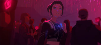 Rule 34 | 1boy, 6+girls, black hair, black jacket, black shirt, brown eyes, clenched hand, commentary, double bun, earrings, english commentary, faceless, faceless female, hair bun, hand up, hat, highres, hood, hooded jacket, hoop earrings, jacket, jewelry, kpop demon hunters, long sleeves, looking ahead, midriff, multiple girls, open clothes, open jacket, outdoors, peaked cap, purple hat, red lips, red sky, shirt, short hair, sidelocks, sky, suqling, teeth, traffic light, upper body, zoey (kpop demon hunters)