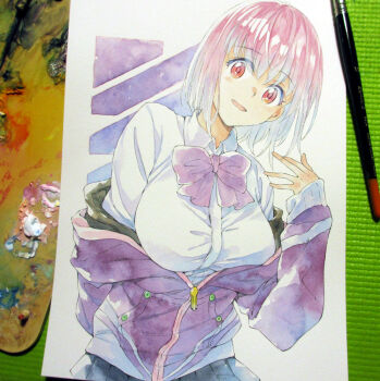 1girl agahari art_brush art_tools_in_frame black_skirt bow bowtie breasts collared_shirt commentary_request dress_shirt gridman_universe hand_up head_tilt jacket large_breasts long_sleeves looking_at_viewer off_shoulder open_mouth paintbrush painting_(medium) partially_unzipped photo_(medium) pleated_skirt purple_bow purple_bowtie purple_hair purple_jacket red_eyes shinjou_akane shirt short_hair skirt sleeves_past_wrists smile solo ssss.gridman tight_clothes tight_shirt traditional_media upper_body white_shirt zipper_pull_tab