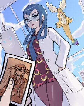 1girl absurdres blue_eyes blue_hair blue_necktie coat collared_dress cowboy_shot dragonite dress eyelashes eyeliner gen_1_pokemon germany_oneesan_(meme) glasses hair_rings hands_in_pockets high_heels highres knees long_hair long_sleeves mable_(pokemon) makeup mega_dragonite meme necktie nintendo open_clothes open_coat pantyhose photo_(object) pokemon pokemon_legends:_z-a pokemon_xy polaroid_photo solo standing tablet_pc wanderjegson white_coat