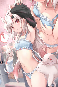 ! 1girl armpits blue_bra blue_panties bra breasts cat cleavage collarbone commentary commentary_request dress english_commentary gradient_hair grin hair_between_eyes hololive horns long_hair looking_at_viewer midriff mixed-language_commentary mujinbensin multicolored_hair multiple_views nakiri_ayame navel oni panties parted_lips poster_(object) poyoyo_(nakiri_ayame) red_eyes red_hair revision sidelocks skin-covered_horns small_breasts smile spoken_exclamation_mark streaked_hair two-tone_hair underwear underwear_only undressing virtual_youtuber white_cat white_dress white_hair