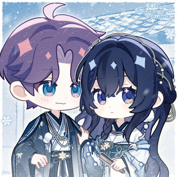 1boy 1girl black_hair blue_eyes braid chibi chibi_only chinese_clothes commission cowboy_shot earrings folding_fan hand_fan hand_on_another&#039;s_shoulder highres holding holding_fan jewelry koban7513 light_blush long_hair looking_at_another looking_at_viewer love_and_deepspace parted_bangs protagonist_(love_and_deepspace) purple_hair rafayel_(love_and_deepspace) short_hair side_braid tassel tassel_earrings