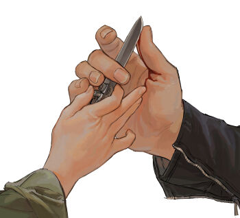 2boys absurdres black_jacket bleeding blood blood_on_hands close-up fingernails folding_knife green_shirt hand_focus highres holding holding_blade holding_knife jacket john_connor knife leather leather_jacket male_focus multiple_boys rora_(auroradiation) shirt simple_background sleeves_rolled_up switchblade t-800 terminator_(series) terminator_2:_judgment_day unzipped white_background