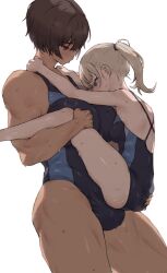 Rule 34 | 2girls, blonde hair, blue eyes, breasts, brown hair, bulge, carrying, carrying person, competition school swimsuit, covered penis, dark-skinned female, dark skin, dry humping, erection, erection under clothes, futa with female, futanari, gym uniform, height difference, highres, humping, implied futanari, kei (m k), large breasts, long hair, m k, multiple girls, original, ponytail, red eyes, rika (m k), school swimsuit, short hair, simple background, size difference, standing, sweat, swimsuit, tall, tall female, tan, tomboy