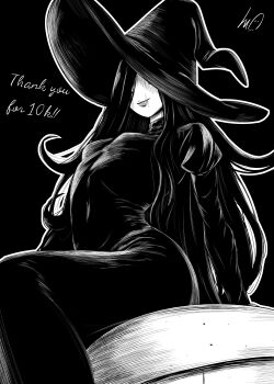 1girl absurdres arched_back breasts commentary covered_eyes covered_navel dress english_commentary hair_over_one_eye hat hat_over_one_eye highres juliet_sleeves lips long_dress long_sleeves lughost milestone_celebration puffy_sleeves scar scar_on_face scar_on_mouth signature sitting small_breasts solo thank_you the_ring tight_clothes tight_dress turtleneck turtleneck_dress well witch_hat yamamura_sadako