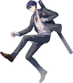 Rule 34 | 1boy, artist request, bandaged hand, bandages, brown shoes, closed mouth, collared shirt, full body, green eyes, grey jacket, grey pants, grey sweater, hair between eyes, holding strap, jacket, kenmochi touya, kenmochi touya (1st costume), lapels, light smile, loafers, long bangs, long sleeves, looking ahead, male focus, necktie, nijisanji, notched lapels, official art, open clothes, open jacket, pants, plaid clothes, plaid necktie, purple hair, red necktie, school uniform, second-party source, shirt, shoes, short hair, simple background, solo, sweater, transparent background, virtual youtuber, weapon bag, white shirt