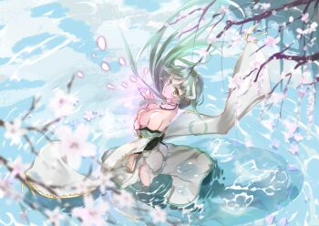 1girl absurdres breasts cherry_blossoms dragon_girl dragon_horns fate/grand_order fate_(series) floating_hair green_hair hanbok625 highres horns japanese_clothes kimono kiyohime_(fate) kiyohime_(second_ascension)_(fate) long_hair looking_at_viewer looking_back medium_breasts solo white_kimono
