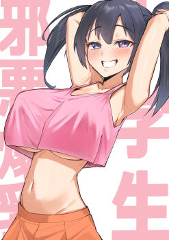 1girl absurdres amepa_(ame_pinecandy) armpits arms_up bare_arms black_hair blush breasts commentary_request commission crop_top double-parted_bangs grin groin highres jabaku-chan large_breasts no_bra oppai_loli orange_skirt original pink_tank_top pleated_skirt purple_eyes raised_eyebrows skeb_commission skirt smile solo stomach tank_top text_background twintails underboob upper_body