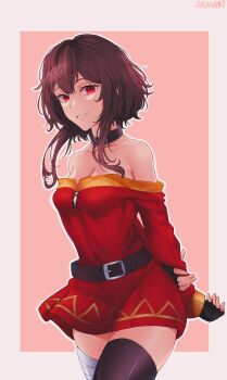 1girl absurdres arms_behind_back asymmetrical_legwear bandaged_leg bandages bare_shoulders belt belt_collar black_gloves black_hair black_thighhighs breasts cleavage collar collarbone cowboy_shot dress fingerless_gloves gloves grey_background highres holding_own_wrist kono_subarashii_sekai_ni_shukufuku_wo! long_sleeves looking_at_viewer medium_breasts megumin mismatched_legwear off-shoulder_dress off_shoulder pink_background red_dress red_eyes shigokin_(baller4jesus27) short_dress short_hair_with_long_locks signature single_thighhigh smile solo thighhighs two-tone_background zettai_ryouiki