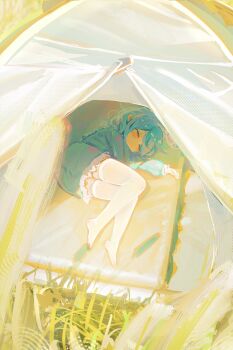 1girl absurdres alternate_costume arona_(blue_archive) blue_archive blue_dress blue_hair closed_eyes commentary dress dutch_angle english_commentary feet fine_fabric_emphasis frilled_sailor_collar frilled_sleeves frilled_vest frills from_above full_body grass hair_ribbon highres hsch long_sleeves lying medium_hair on_side ribbon sailor_collar sleeping solo tent tent_interior thighhighs thighs vest white_ribbon white_thighhighs zettai_ryouiki