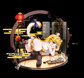 1girl :p absurdres all_fours animal_ear_fluff animal_ears ass black_thighhighs blonde_hair blush bow breasts calligraphy_brush cameltoe china_dress chinese_clothes colored_inner_hair covered_erect_nipples dress feet folding_screen full_body green_eyes highres ink ju_fufu kiari_art lantern loli long_hair looking_at_viewer multicolored_fur multicolored_hair no_panties no_shoes paintbrush paper_lantern print_dress pussy pussy_peek sleeveless sleeveless_dress small_breasts smile solo tail tail_bow tail_ornament thighhighs tiger_ears tiger_girl tiger_tail tongue tongue_out yellow_dress zenless_zone_zero