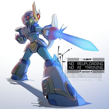 Rule 34 | 1boy, arm blade, armor, blade armor x (mega man), blue helmet, energy sword, forehead jewel, from behind, full body, helmet, male focus, mega man (series), mega man x6, mega man x (series), simple background, solo, standing, sword, to i to io, weapon, white armor, white background, x (mega man)