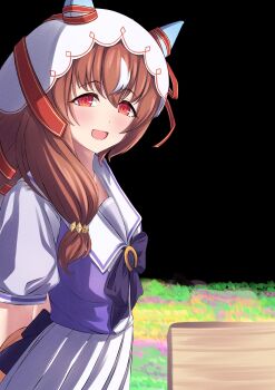 1girl absurdres animal_ears blush breasts brown_hair collarbone dark_background field flower flower_field hair_ornament highres horse_ears horse_tail long_hair looking_at_viewer open_mouth red_eyes school_uniform small_breasts solo sonicxeon still_in_love_(umamusume) tail tracen_school_uniform umamusume veil