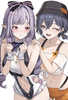 2girls bare_shoulders belle_(summer_skies)_(zenless_zone_zero) belle_(zenless_zone_zero) bikini blue_hair bow breasts bucket_hat clothing_cutout cowboy_shot crop_top drill_hair green_eyes hair_bow hair_ornament hands_on_another&#039;s_shoulders hat highres jewelry light_blush long_hair mole mole_under_eye multicolored_hair multiple_girls navel official_alternate_costume one-piece_swimsuit one_eye_closed orange_bikini orange_shorts pointy_ears purple_bow purple_hair red_eyes se34tai see-through_clothes shirt short_hair shorts smile stomach_cutout swimsuit vivian_banshee vivian_banshee_(iris_of_the_shore) white_background white_shirt zenless_zone_zero