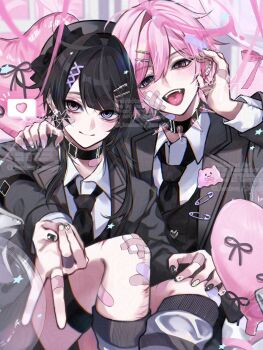 Rule 34 | 2boys, bandaid, bandaid on face, bandaid on leg, black hair, black jacket, blood, commentary, crossdressing, crossdressing (mtf), fangs, hair ornament, hairpin, highres, jacket, kaminoq, multiple boys, multiple hairpins, necktie, original, pink hair, ribbon, scar, scar on leg, speech bubble, tongue, tongue out, untranslatable commentary