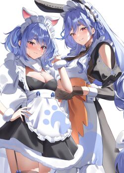 2girls animal_ear_hairband animal_ears apron black_dress black_gloves blue_hair blush bow braid braided_ponytail breasts cleavage closed_mouth commentary_request dress fake_animal_ears fur-trimmed_dress fur_trim garter_straps gloves hair_bow hairband hand_up highres hololive juliet_sleeves large_breasts long_hair long_sleeves looking_at_viewer low_ponytail maid_headdress medium_breasts mother_and_daughter multicolored_hair multiple_girls pekomama pendora1022 ponytail puffy_short_sleeves puffy_sleeves rabbit_ear_hairband rabbit_ears rabbit_girl red_eyes short_dress short_eyebrows short_hair short_sleeves sidelocks simple_background smile streaked_hair thick_eyebrows twintails usada_pekora virtual_youtuber waist_apron wavy_mouth white_apron white_background white_bow white_hair white_sleeves