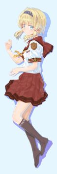1girl blonde_hair blue_eyes commentary_request full_body hairband looking_at_viewer no_shoes okuribi original school_uniform serafuku short_hair simple_background skirt smile socks solo