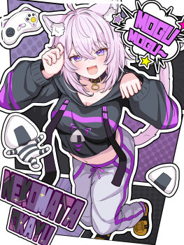 1girl absurdres ahoge animal_ear_fluff animal_ears black_collar black_hoodie blush cat_ears cat_girl cat_tail character_name collar controller fang food food_print game_controller highres hololive hood hoodie looking_at_viewer medium_hair midriff nekomata_okayu nekomata_okayu_(1st_costume) onigiri onigiri_print onigirya_(nekomata_okayu) open_mouth pants paw_pose purple_eyes purple_hair shoes smile solo tail virtual_youtuber white_pants yadokaribeer yellow_shoes