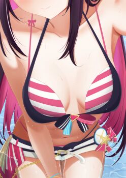 1girl absurdres azki_(hololive) bare_shoulders belt bikini blue_bikini blue_shorts blush bow breasts close-up closed_mouth collarbone colored_inner_hair commentary eyes_out_of_frame head_out_of_frame highres hololive hololive_summer_2023_swimsuit long_hair miwataru multicolored_bikini multicolored_hair navel pink_bikini pink_bow pink_hair pink_ribbon ribbon shorts smile solo stomach streaked_hair striped_bikini striped_clothes swimsuit thighs two-tone_bikini virtual_youtuber water white_belt white_bikini yellow_ribbon