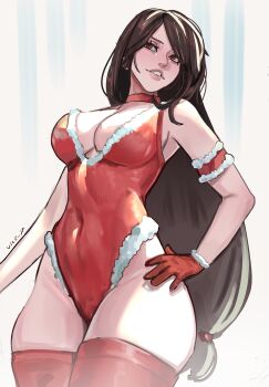 1girl absurdres alternate_costume armlet artist_name bare_shoulders breasts brown_hair choker cleavage commentary covered_navel cowboy_shot english_commentary final_fantasy final_fantasy_vii fur-trimmed_gloves fur-trimmed_leotard fur_trim gloves hand_on_own_hip highres jewelry large_breasts leotard long_hair low-tied_long_hair parted_lips red_choker red_eyes red_gloves red_leotard red_thighhighs sideboob skindentation solo square_enix thighhighs thighs tifa_lockhart vile_(vile_jp)