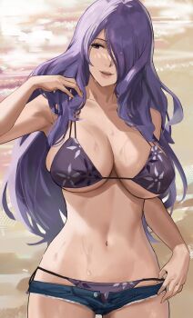 1girl absurdres bikini breasts camilla_(fire_emblem) cleavage denim denim_shorts female_focus fire_emblem hair_over_one_eye highres j@ck large_breasts long_hair navel nintendo purple_hair shorts side-tie_bikini_bottom skindentation solo standing stomach swimsuit underboob
