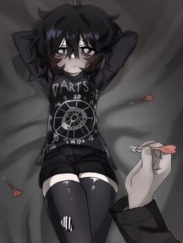 1boy 1girl arms_up bags_under_eyes black_hair black_shirt black_shorts black_thighhighs bound bound_wrists bright_pupils closed_mouth dart drugs_neko hair_between_eyes highres holding_dart long_sleeves lying medium_hair messy_hair nervous_sweating on_back on_bed original pov pov_hands print_shirt rope shirt shorts solo_focus sweat thighhighs torn_clothes torn_thighhighs white_pupils
