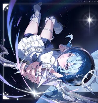1girl alternate_costume belt blue_eyes blue_hair blush buckle chain earth_(planet) fingernails helmet highres hololive hoshimachi_suisei leg_warmers mayonaka_heart_tune planet plant pointing pointing_at_viewer promotional_art sharp_fingernails shorts skirt space space_helmet spacesuit star_(sky) sun virtual_youtuber