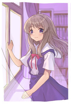 Rule 34 | 1girl, blue eyes, blue skirt, brown hair, clannad, commentary request, curtains, hikarizaka private high school uniform, long hair, looking at viewer, mitsuyo (mituyo324), miyazawa yukine, red ribbon, ribbon, sailor collar, school uniform, shirt, skirt, solo, suspenders, white sailor collar, white shirt, window