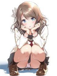 Rule 34 | 1girl, :o, absurdres, black sailor collar, black skirt, black socks, blue eyes, blush, borgbutler, bow, brown footwear, brown hair, commentary request, crotch seam, elbows on knees, hair bow, head rest, highres, kneehighs, light frown, loafers, long sleeves, looking at viewer, love live!, love live! sunshine!!, medium hair, neckerchief, panties, pantyshot, parted lips, partial commentary, pleated skirt, raised eyebrows, red neckerchief, sailor collar, school uniform, serafuku, shadow, shoes, skirt, socks, solo, squatting, sweater, thighs, underwear, uranohoshi school uniform, watanabe you, white background, white bow, white panties, white sweater